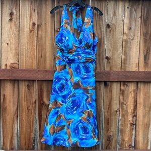 Y2K Silk Satin Halter Neck Tie-Back Rose Watercolor Bias-Cut Dress, Medium/Large